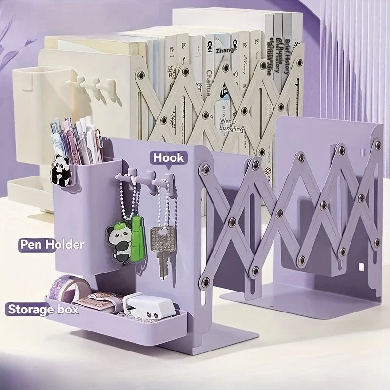 A Set of Sturdy And Versatile Retractable Bookends with Pen Holder Hooks And Storage Boxes, 6pcs Foldable Space-Saving Desktop