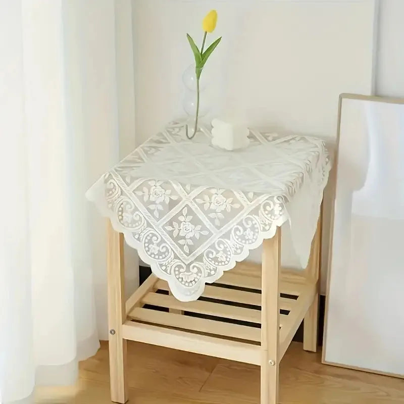 One Antique Embroidered Lace Tablecloth - Solid Color Elegant Flower Cut Process Polyester Square Tablecloth, 100% Polyester